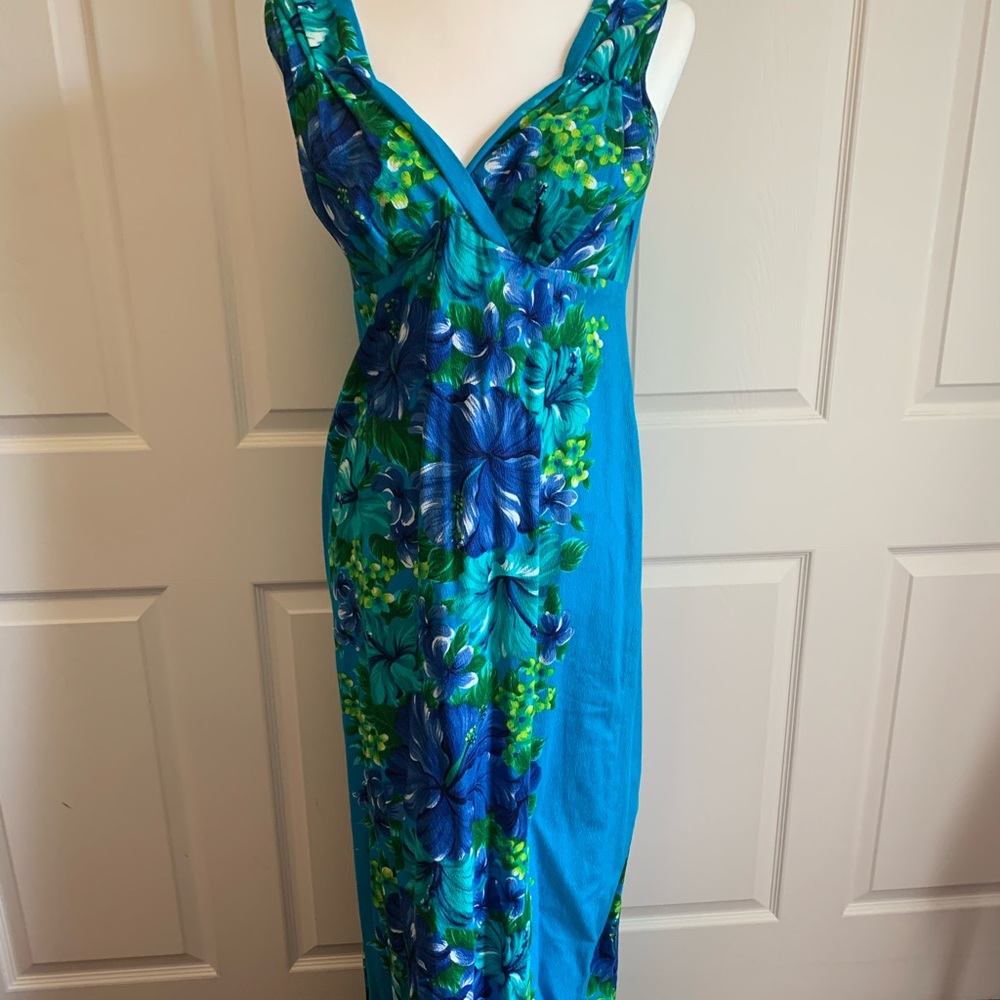 Vintage barkcloth Hawaiian dress with back drape